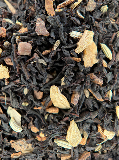 Close-up of loose-leaf herbal tea blend with dark dried tea leaves, light tan citrus slices, and small pale green seed-like pieces.